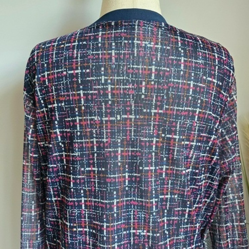 Chico's Navy Tweed Print Mesh Cardigan Button Front Topper SZ XL Preppy Academia - Picture 7 of 10